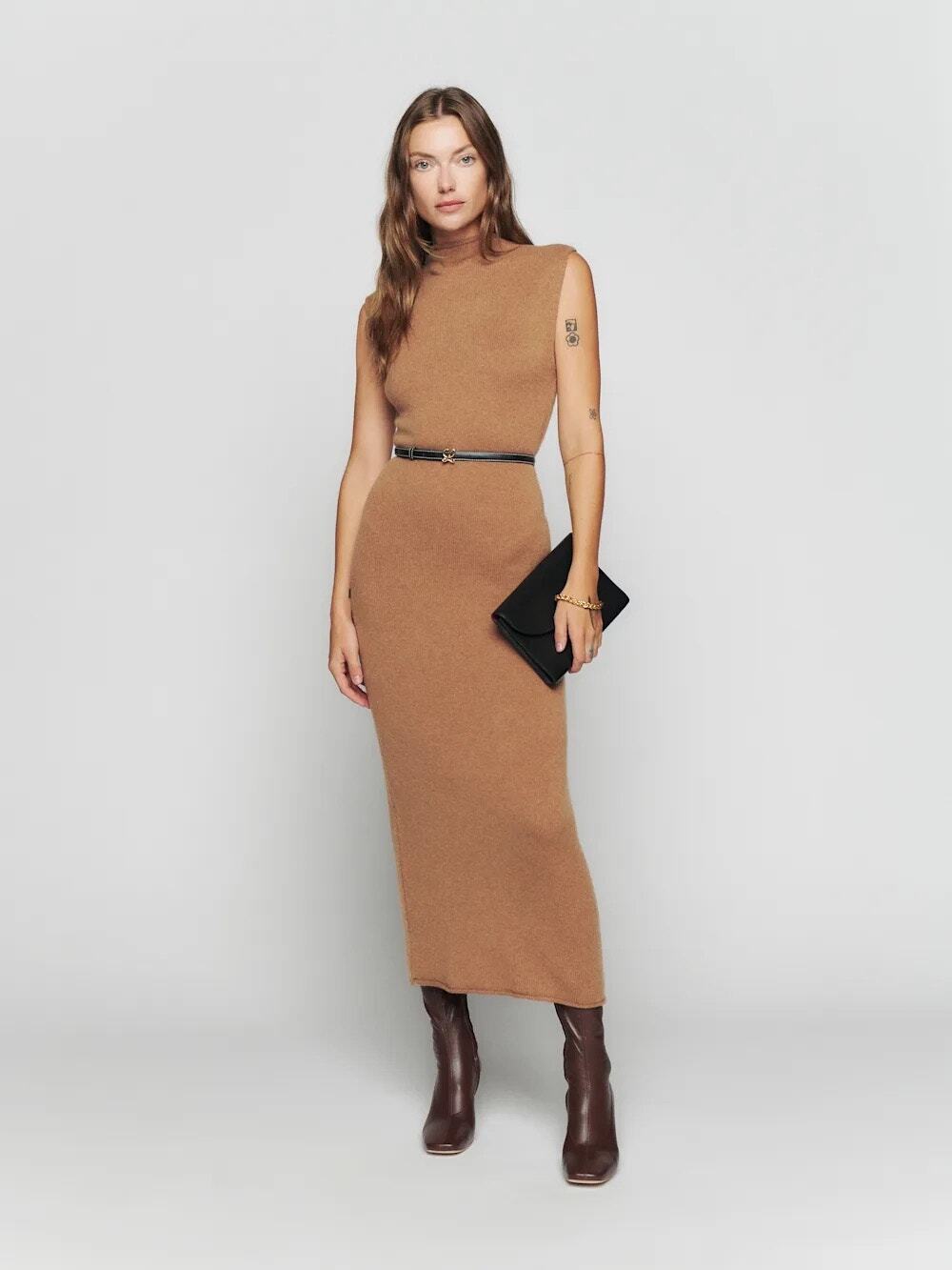 Reformation Corbetta Cashmere Sweater Dress Camel
